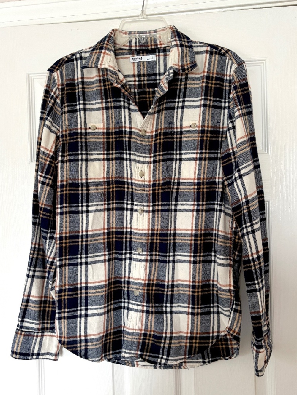 Like New Sonoma Men's Flannel Shirt Small Cream Navy Brown Plaid